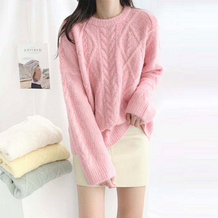 Souland - Round-Neck Cable-Knit Sweater - Pink/One Size