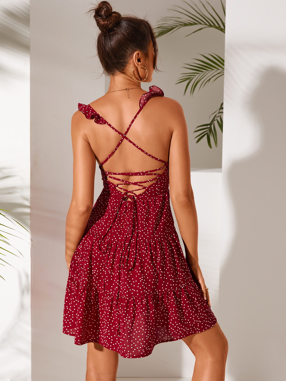 YOINS Backless Polka Dot Criss-cross Square Neck Sleeveless Dress