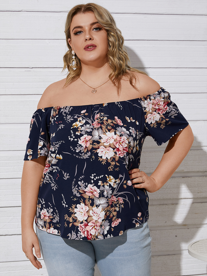 YOINS Plus Size Off The Shoulder Floral Print Short Sleeves Blouse