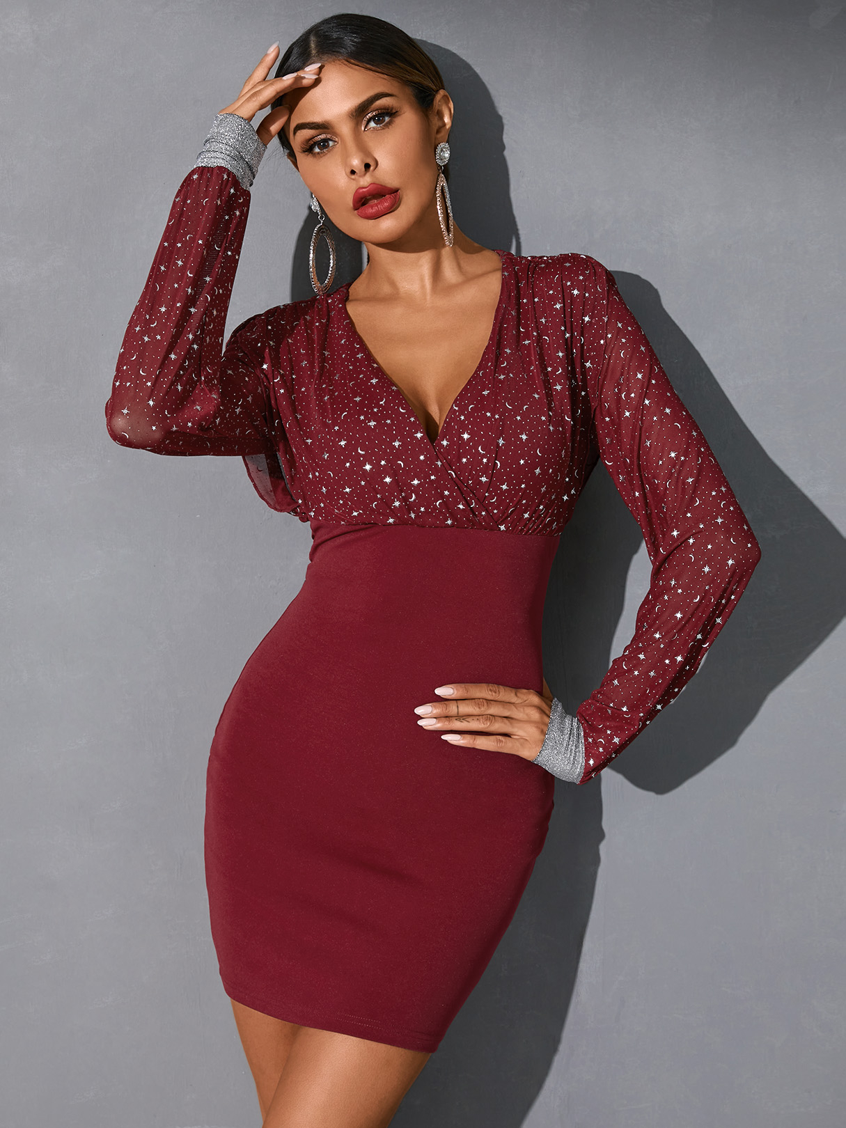 YOINS V-neck Galaxy Long sleeves Mini Dress