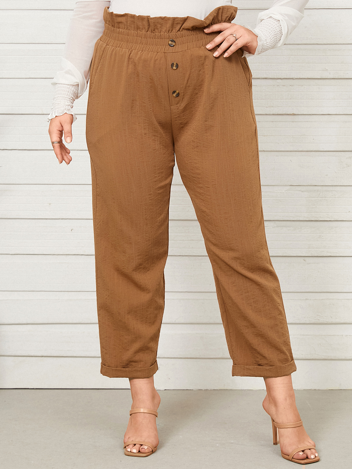 YOINS Plus Size Button Design Shirring Roll Pants