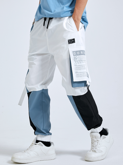 Men Letter Print Color Block Casual Cargo Pants