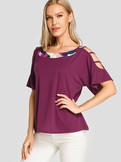 Purple Cold Shoulder Short Sleeves Tee