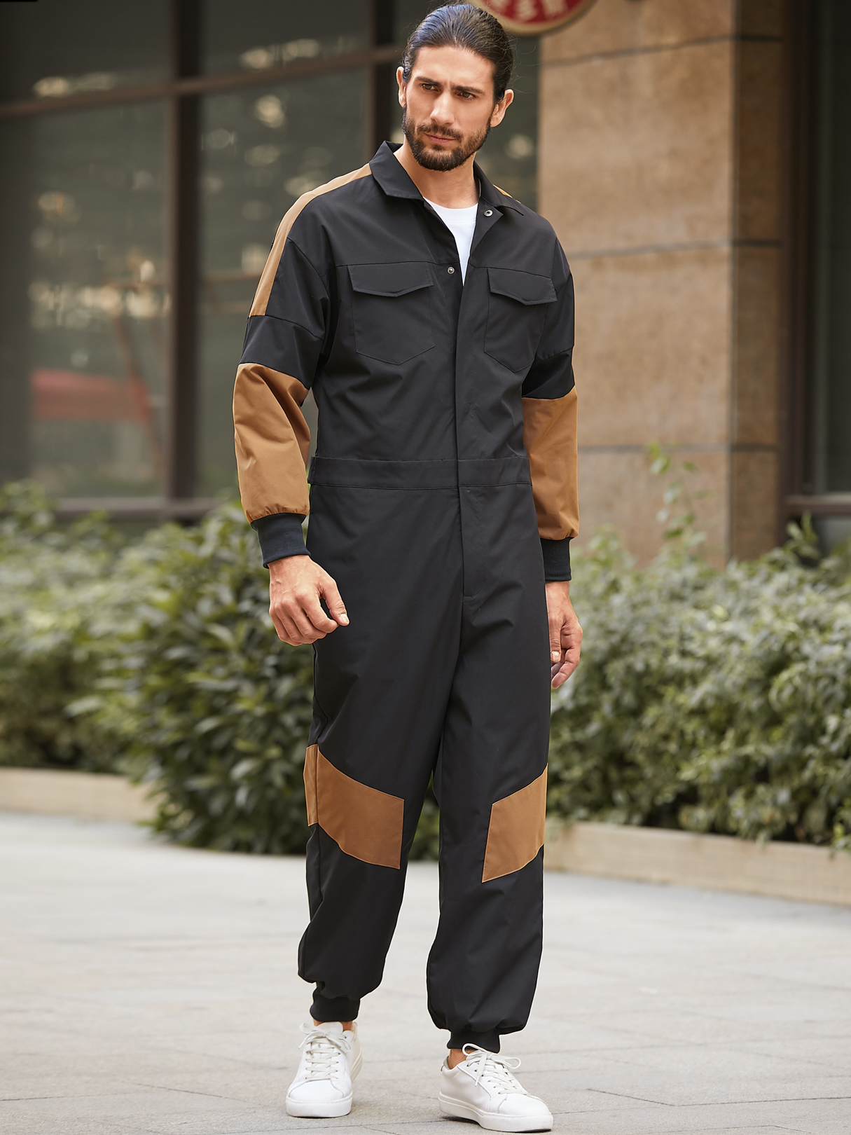 Men Color Block Splicing Casual Long Sleeve Overalls Jumpsuit