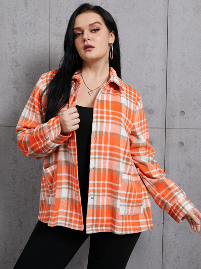 YOINS Plus Size Lapel Collar Plaid Button Design Pocket Long Sleeves Jacket