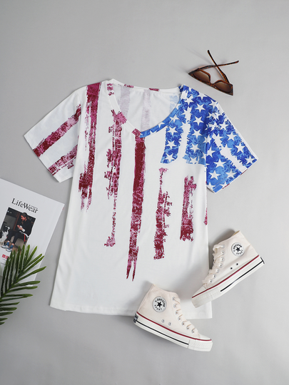 Plus Size V-neck Star The American Flag Independence Day Short Sleeves Tee