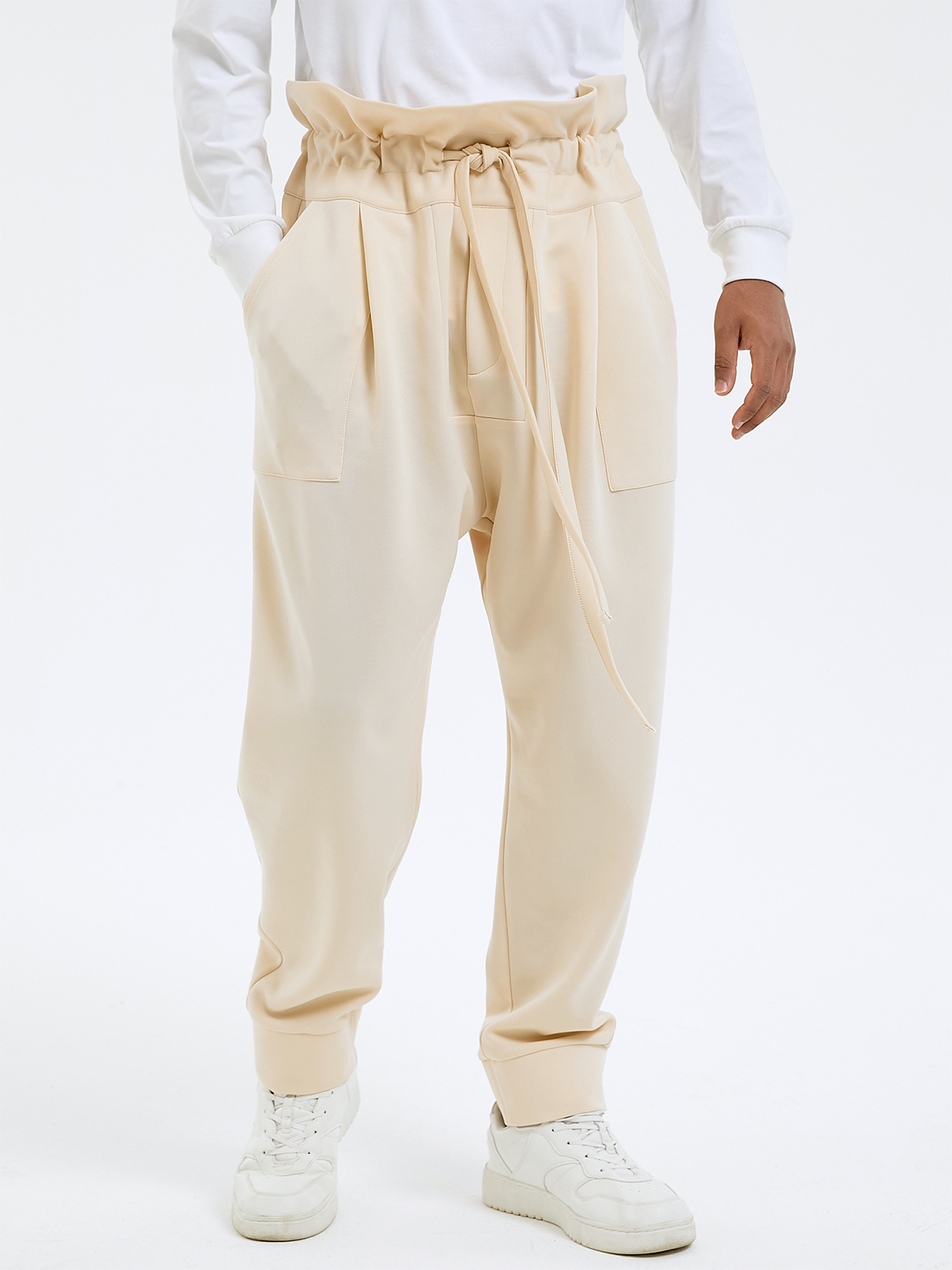 Men Retro Drawstring Knotted High Waist Casual Paperbag Pants