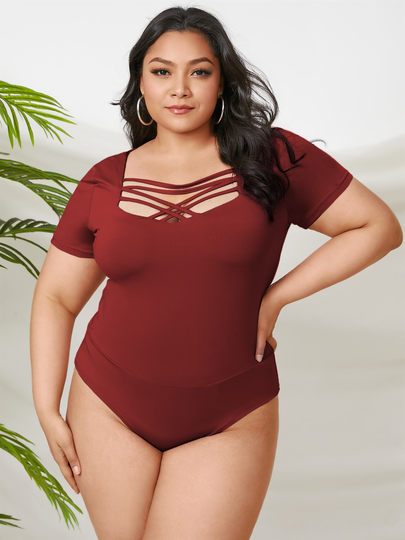 YOINS Plus Size Square Neck Criss-Cross Short Sleeves Bodysuit