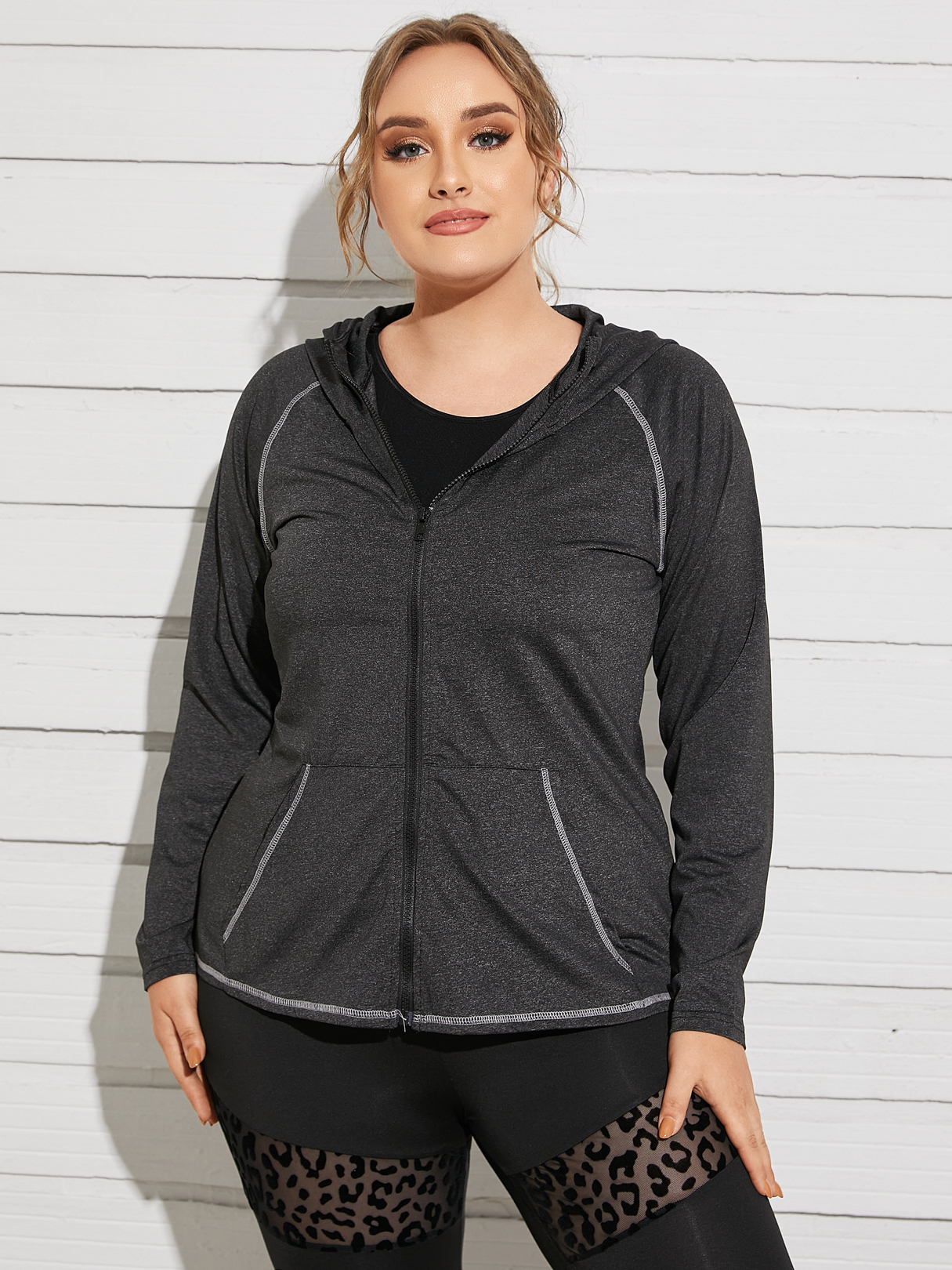 YOINS Plus Size Hooded Zip Front Pocket Long Sleeves Coat