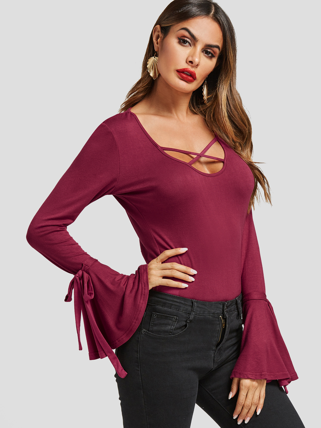 Red Crossed Collar Bell Sleeves Top