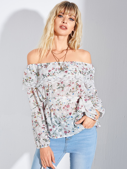 YOINS Belt Design Floral Print Lace Trim Off The Shoulder Chiffon Blouse