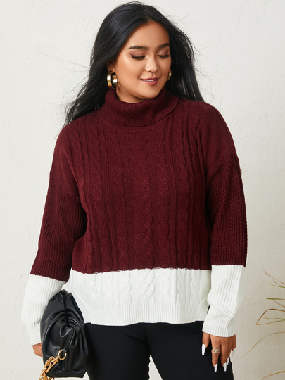 YOINS Plus Size Turtleneck Color Block Long Sleeves Sweater