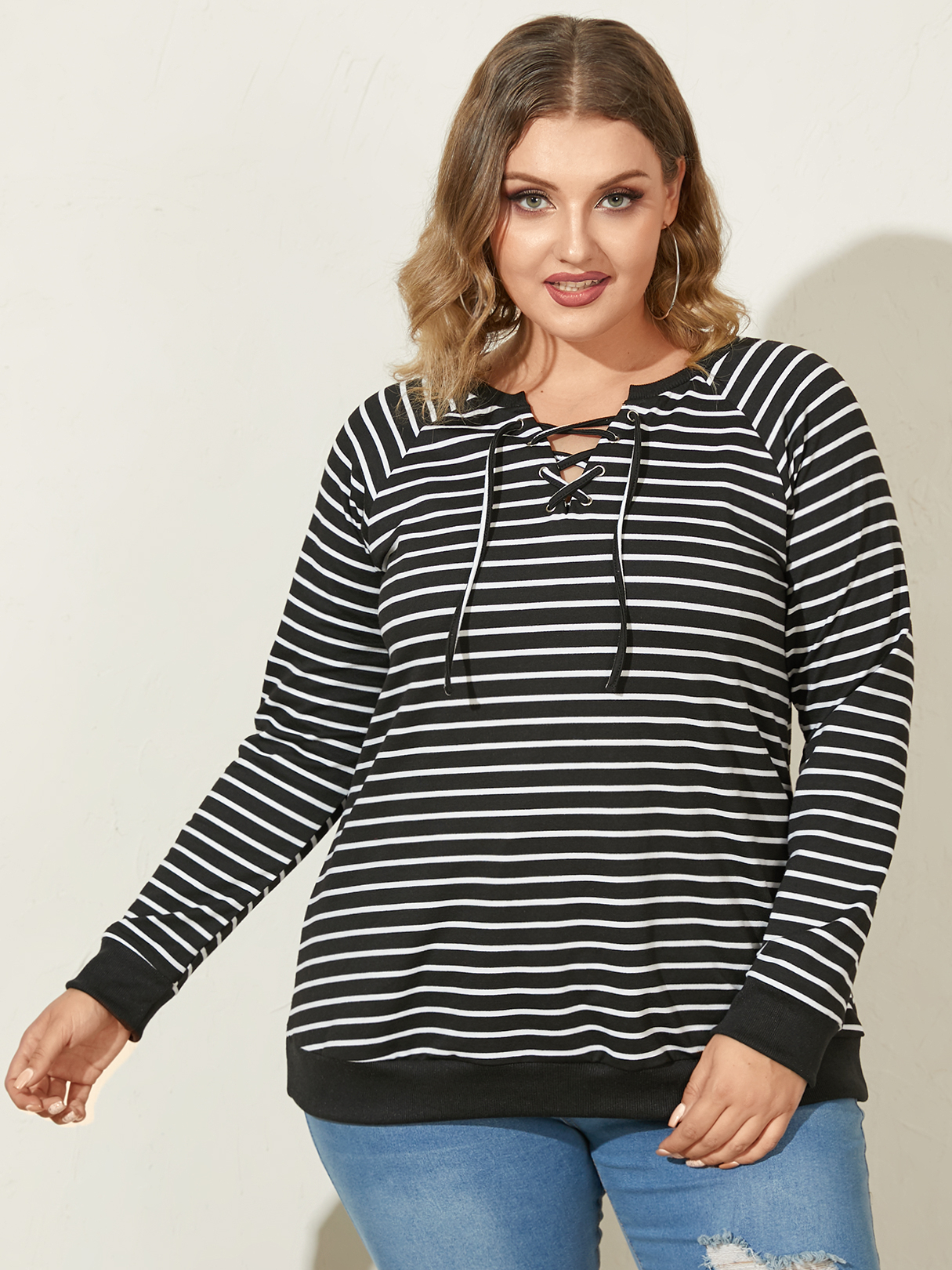 YOINS Plus Size V-neck Striped Lace-up Design Knit Long Sleeves Sweatshirt