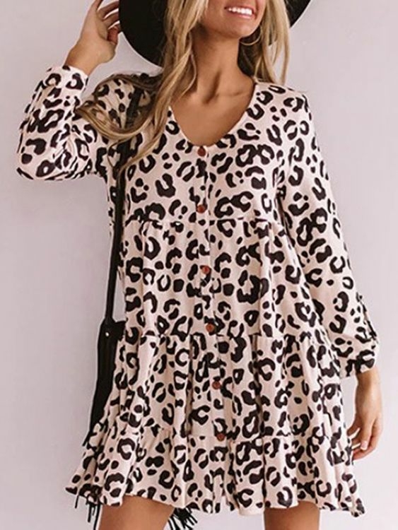 Casual Leopard Round Neck Front Button Ruffle Long sleeves Dress