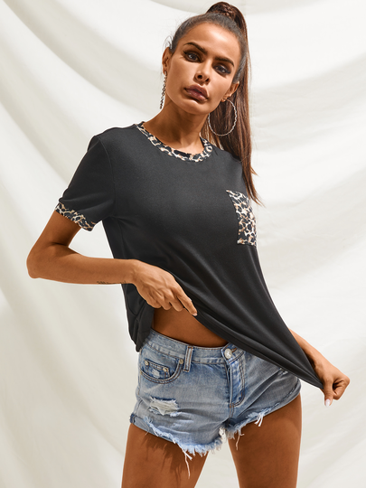 YOINS Black Leopard Patchwork Crew-neck Short Sleeves Tee