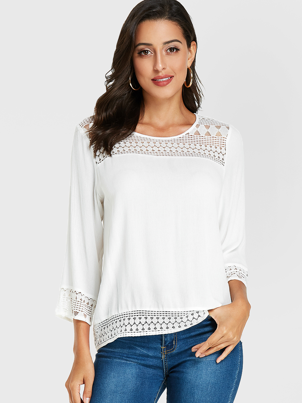 YOINS White Lace Insert Round Neck Blouse