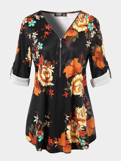 Black Random Floral Print Zip Design V-neck Adjustable Sleeve Length Blouse