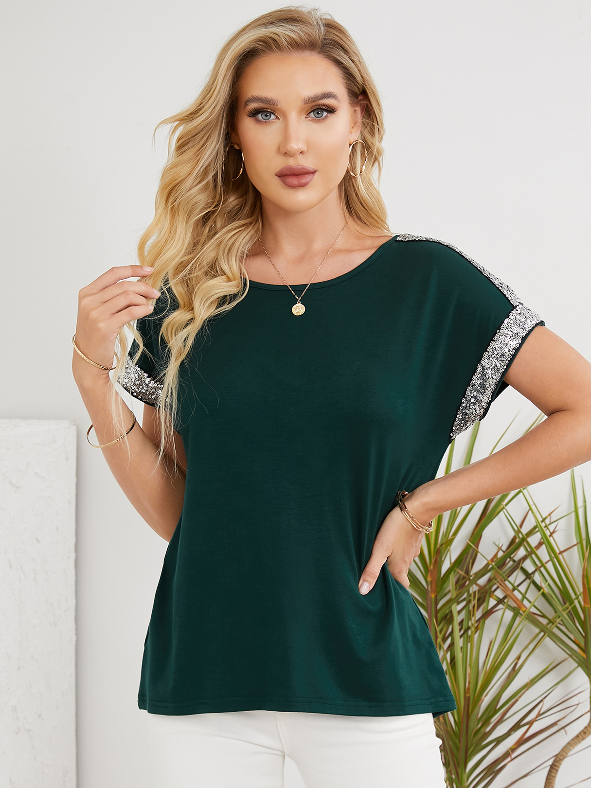 YOINS Glitter Patchwork Design Round Neck Tee