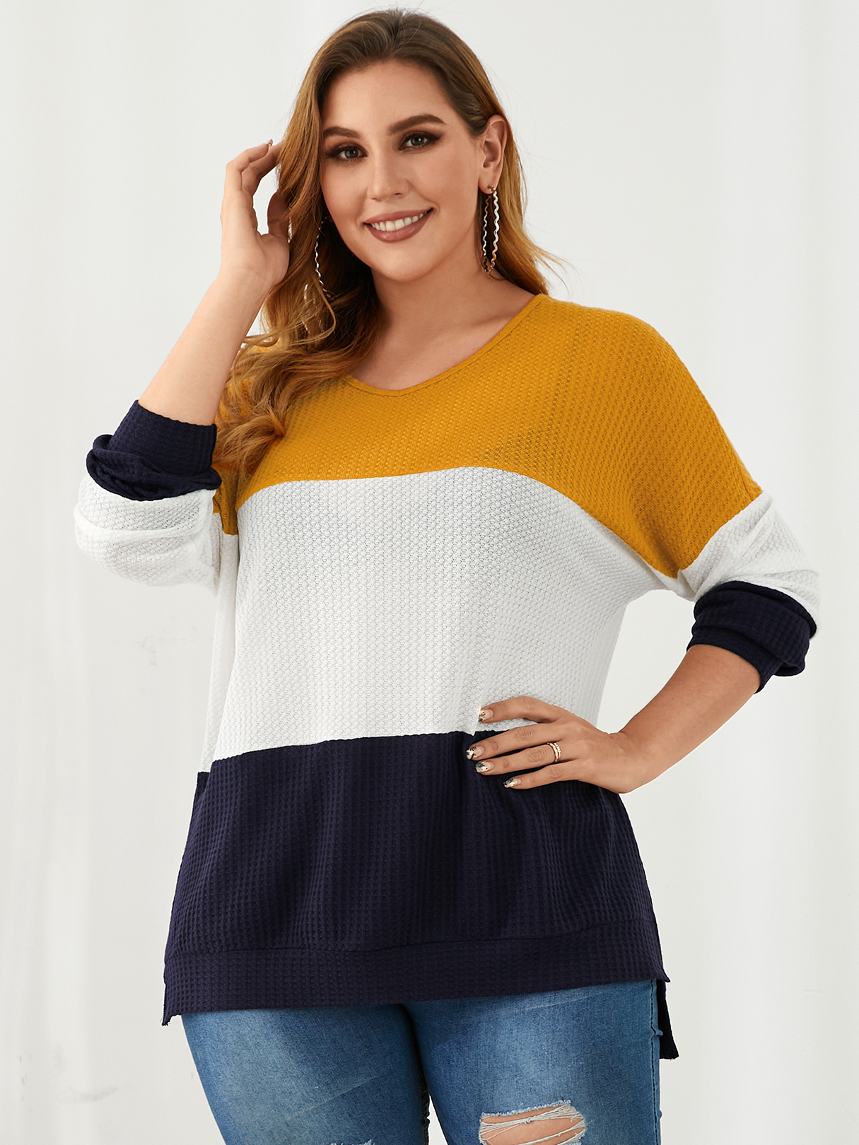 YOINS Plus Size Round Neck Patchwork Waffle Knit Long Sleeves Knitwear