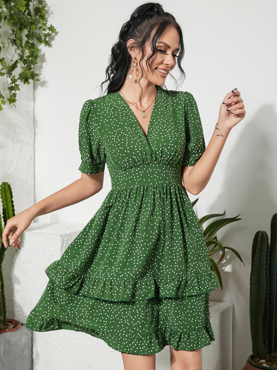 YOINS V-neck Polka Dot Ruffle Hem Short Sleeves Mini Dress