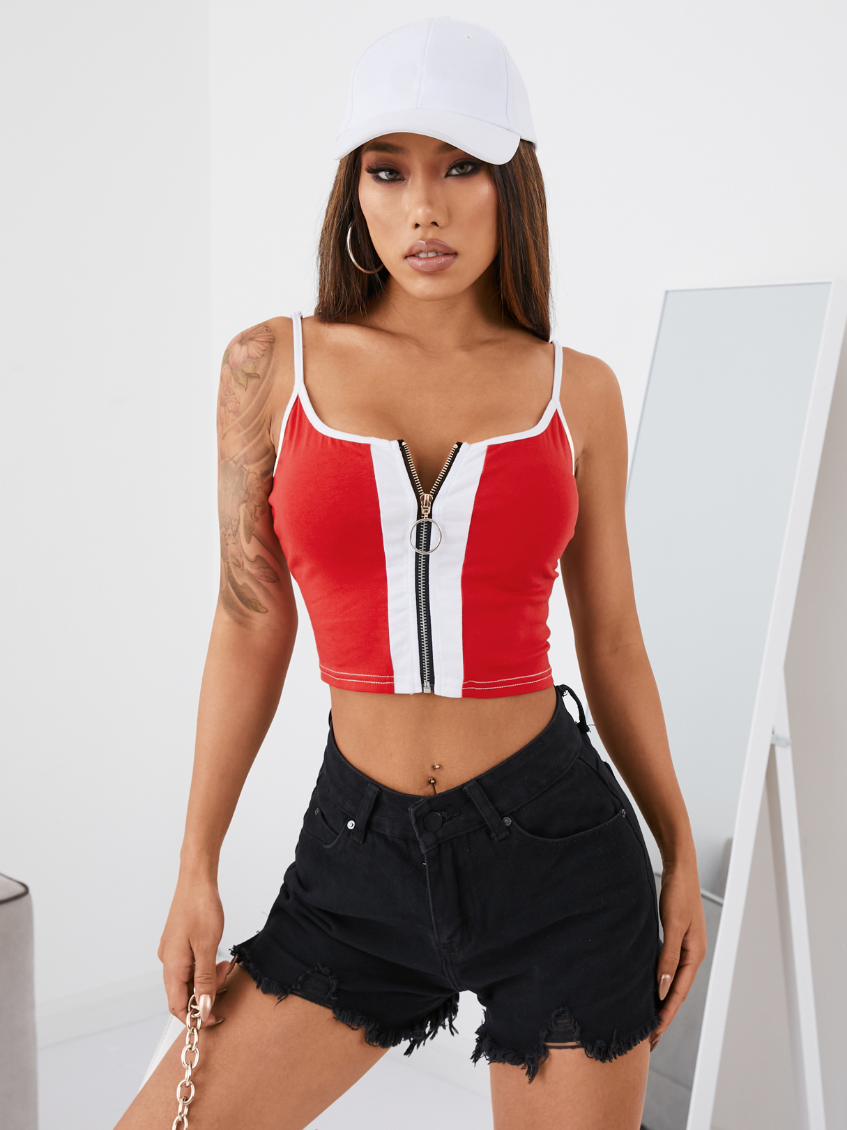 YOINS Red Patchwork Zip Front Square Neck Cami