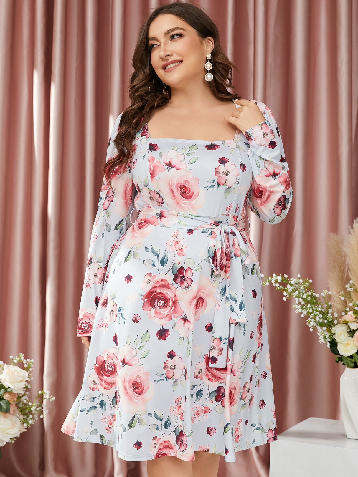 YOINS Plus Size Square Neck Floral Print Belt Design Long Sleeves Dress