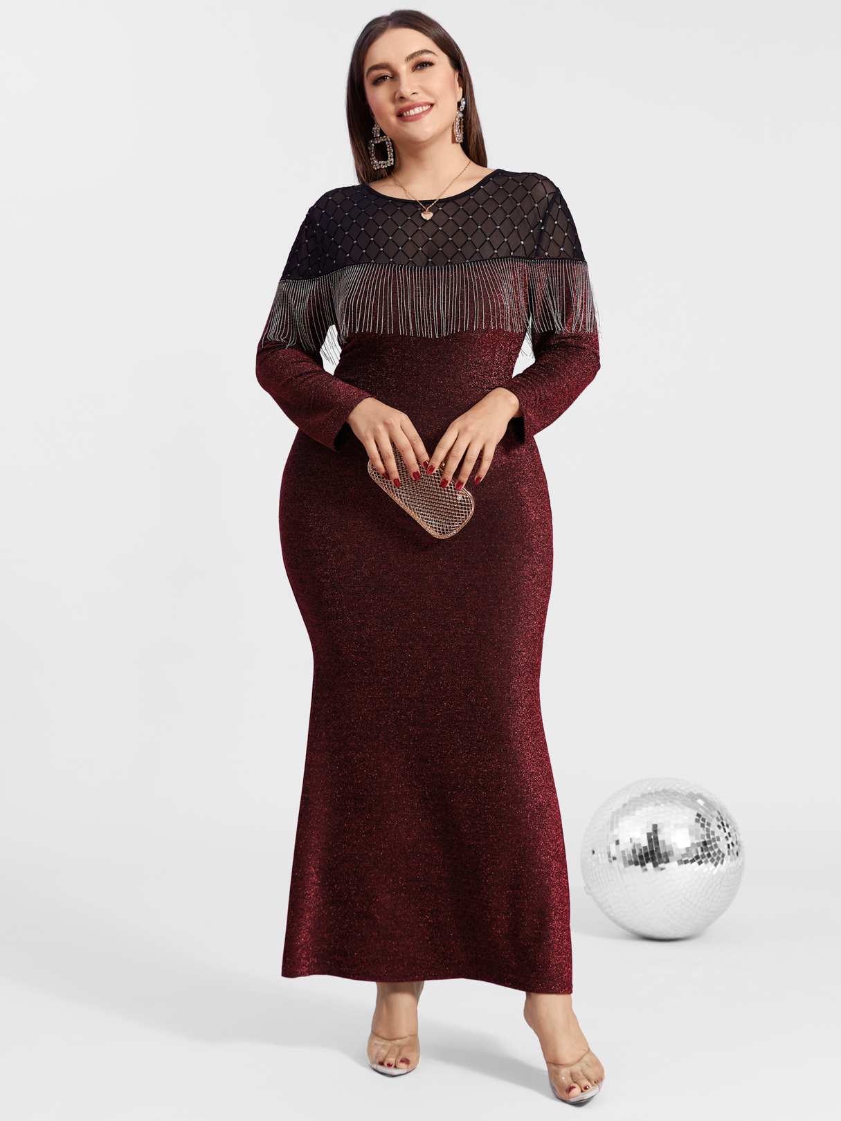 YOINS Plus Size Crew Neck Patchwork Tassel Details Long Sleeves Dress