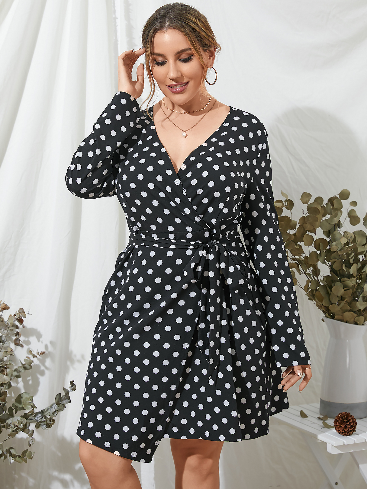 Plus Size Deep V Neck Polka Dot Belt Design Long Sleeves Mini Dress