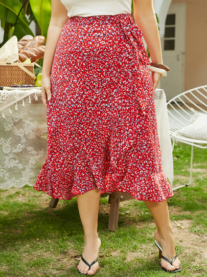 YOINS Plus Size Red Spotted Tie-up Design Ruffle Trim Skirt