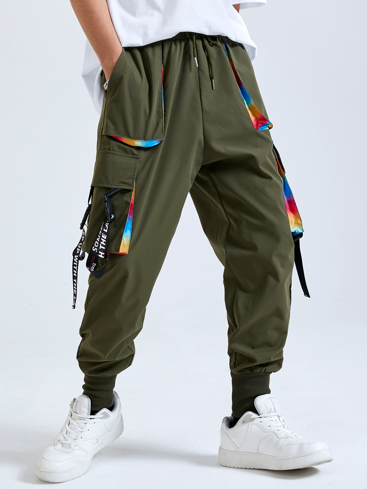 Men Harajuku Streetwear Ribbon Multi-pocket Cargo Pants