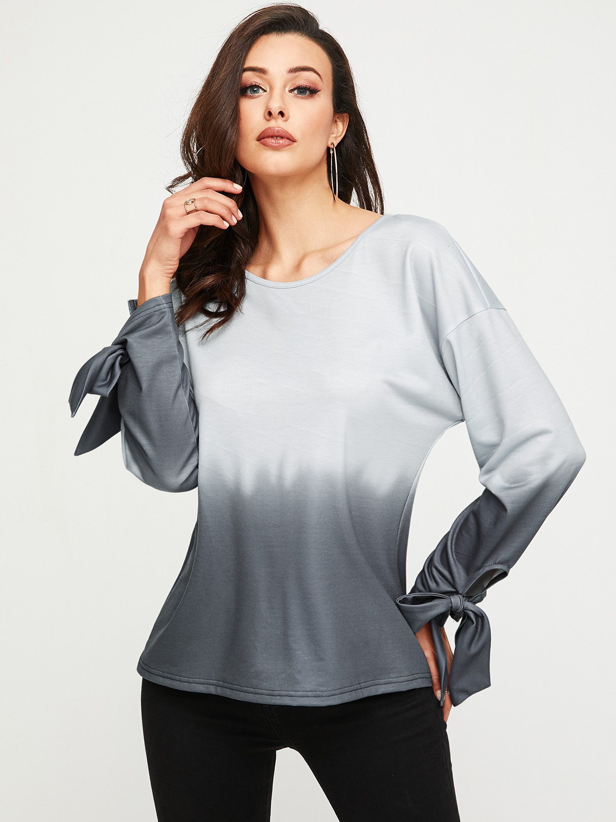 YOINS Grey Gradient Print Round Neck Long Sleeves Tee