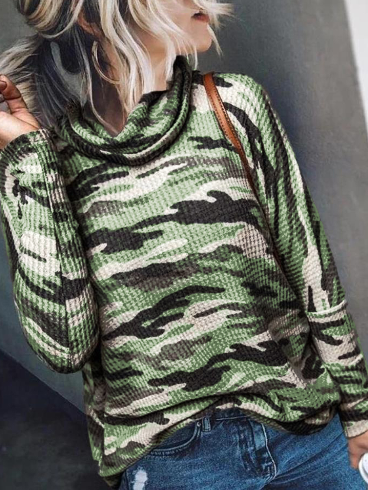 YOINS Army Green Camo Chimney Collar Long Sleeves Knit Top