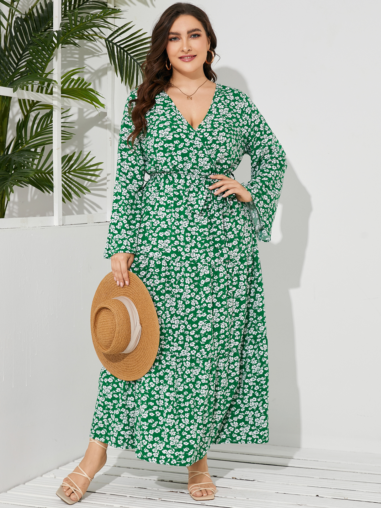 YOINS Plus Size Belt Design Crossed Front Design Long Sleeves Dress