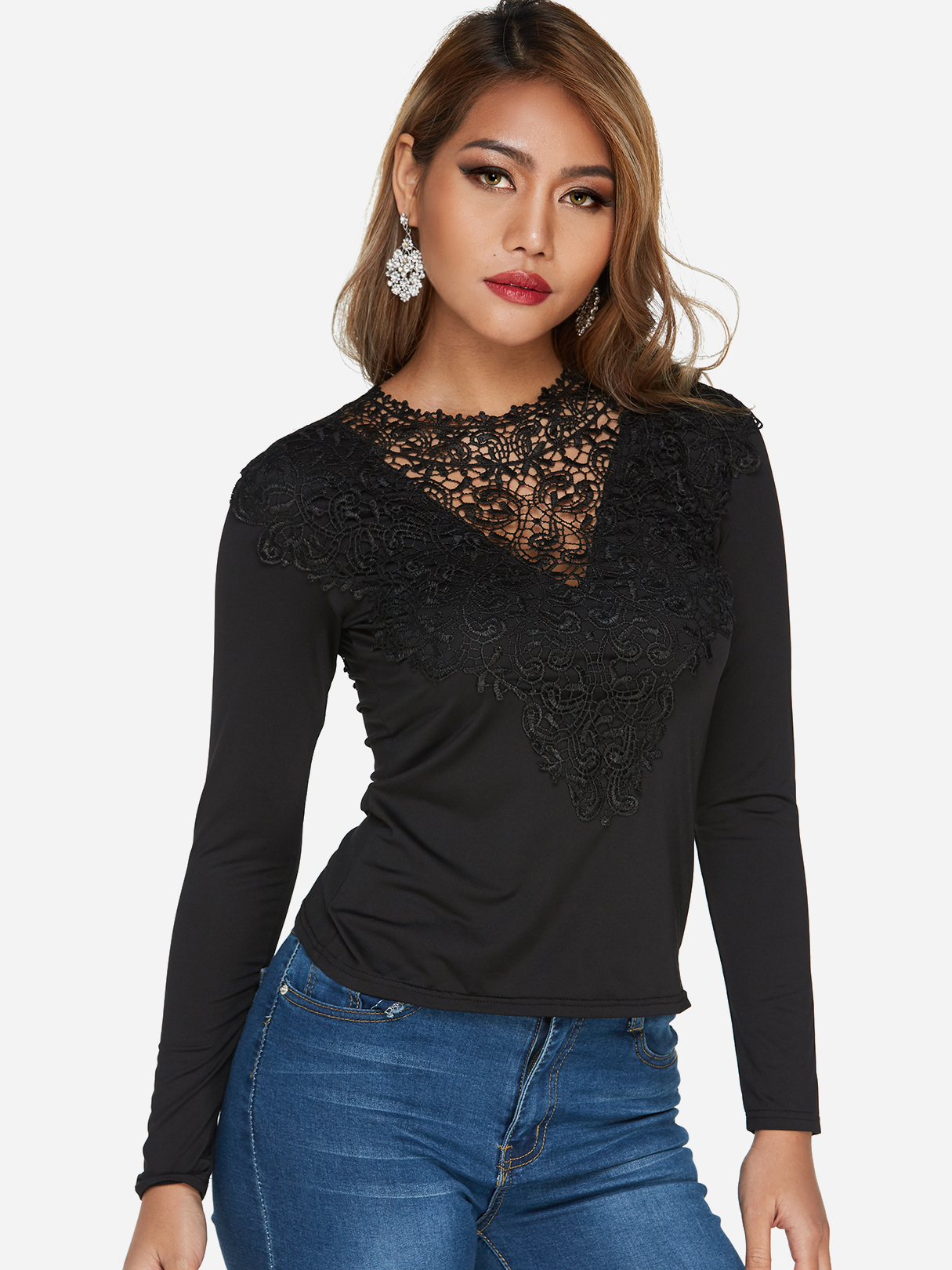 Black Lace-up Design Wide V-neck Long Sleeves Top