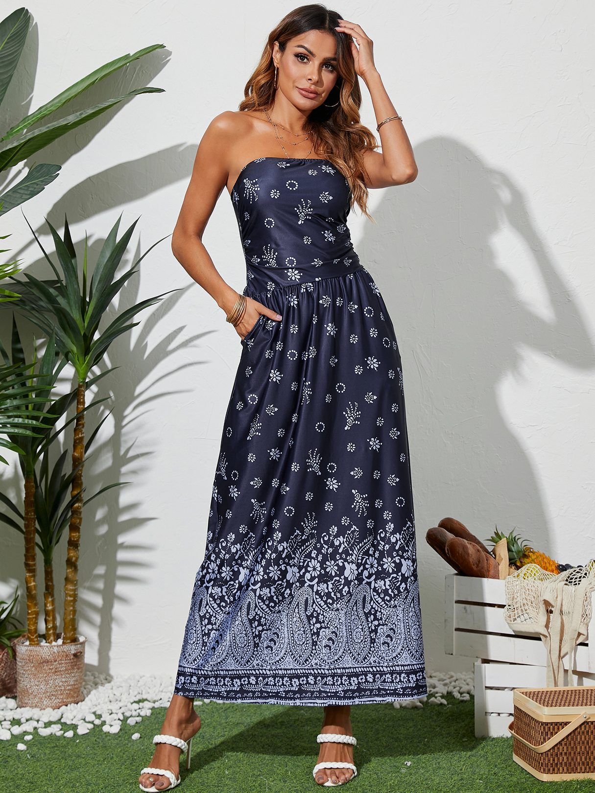 YOINS Blue Tube Top Tribal Side Pocket Sleeveless Maxi Dress