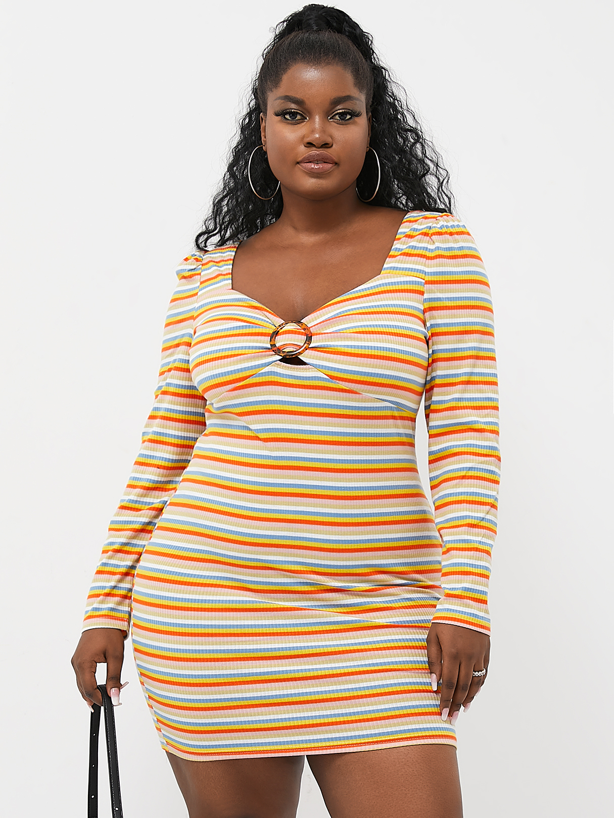 YOINS Plus Size Deep V Neck Striped Button Design Long Sleeves Mini Dress