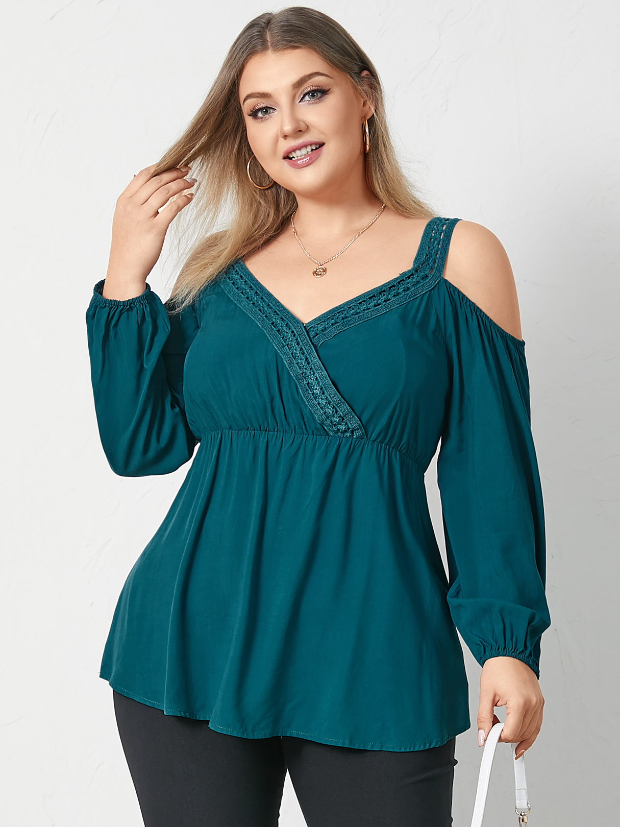 YOINS Plus Size Cold Shoulder Backless Design Wrap Design Long Sleeves Blouse