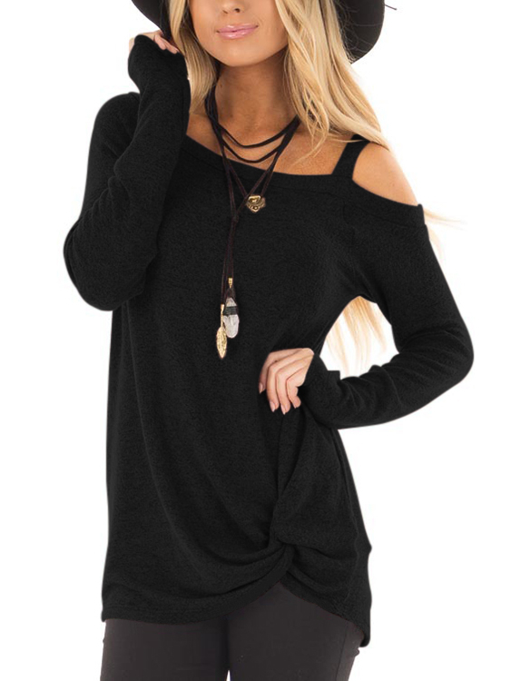 Black Crossed Front Design Plain One Shoulder Long Sleeves T-shirts