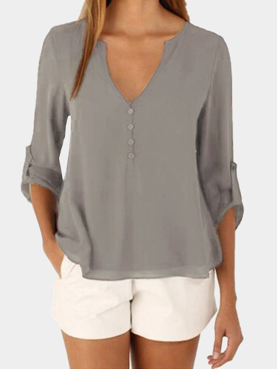 Grey V-neck Long Sleeves Irregular Hem Top