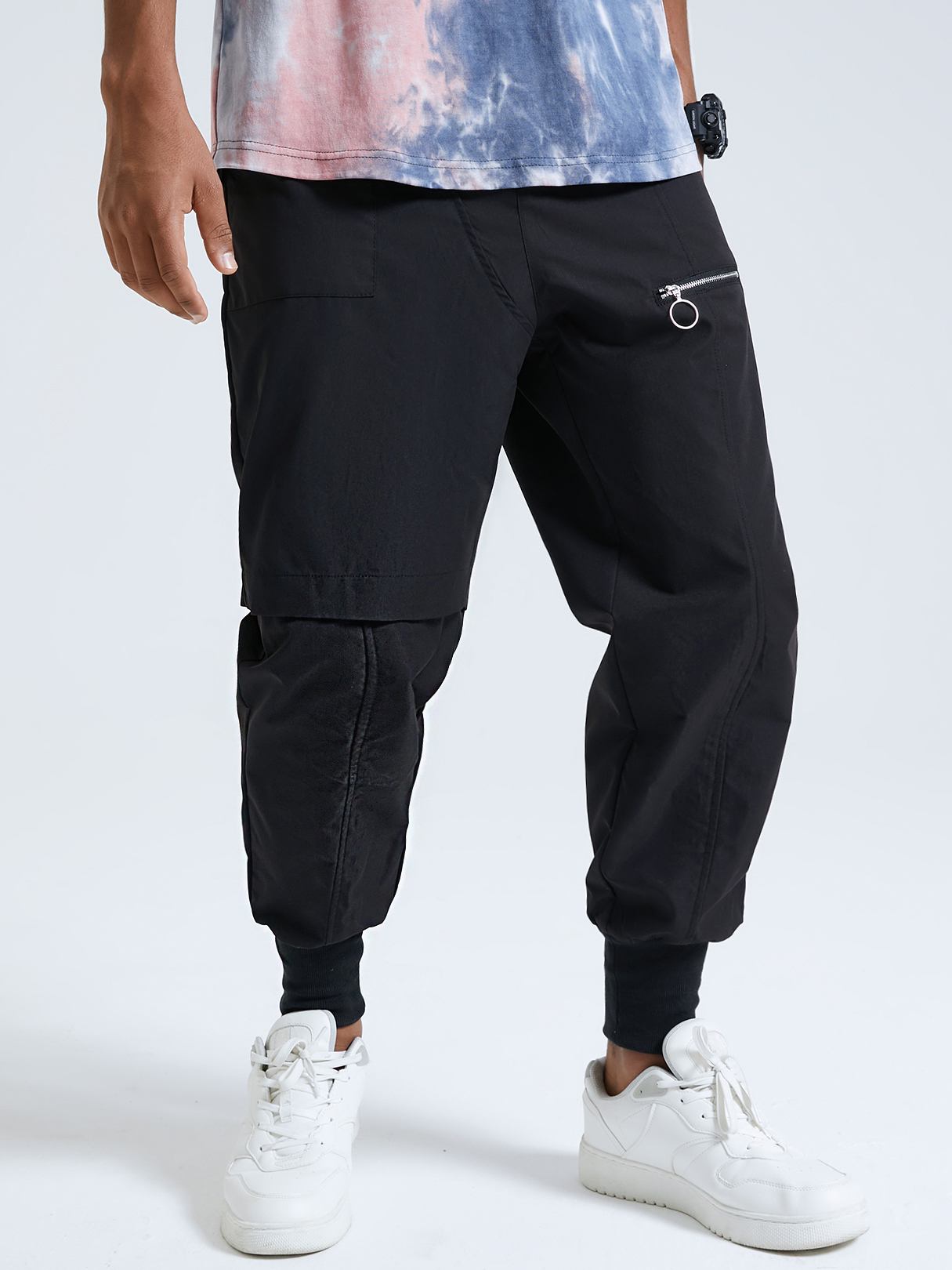 Men Black Plain Zip Pockets Cargo Pants