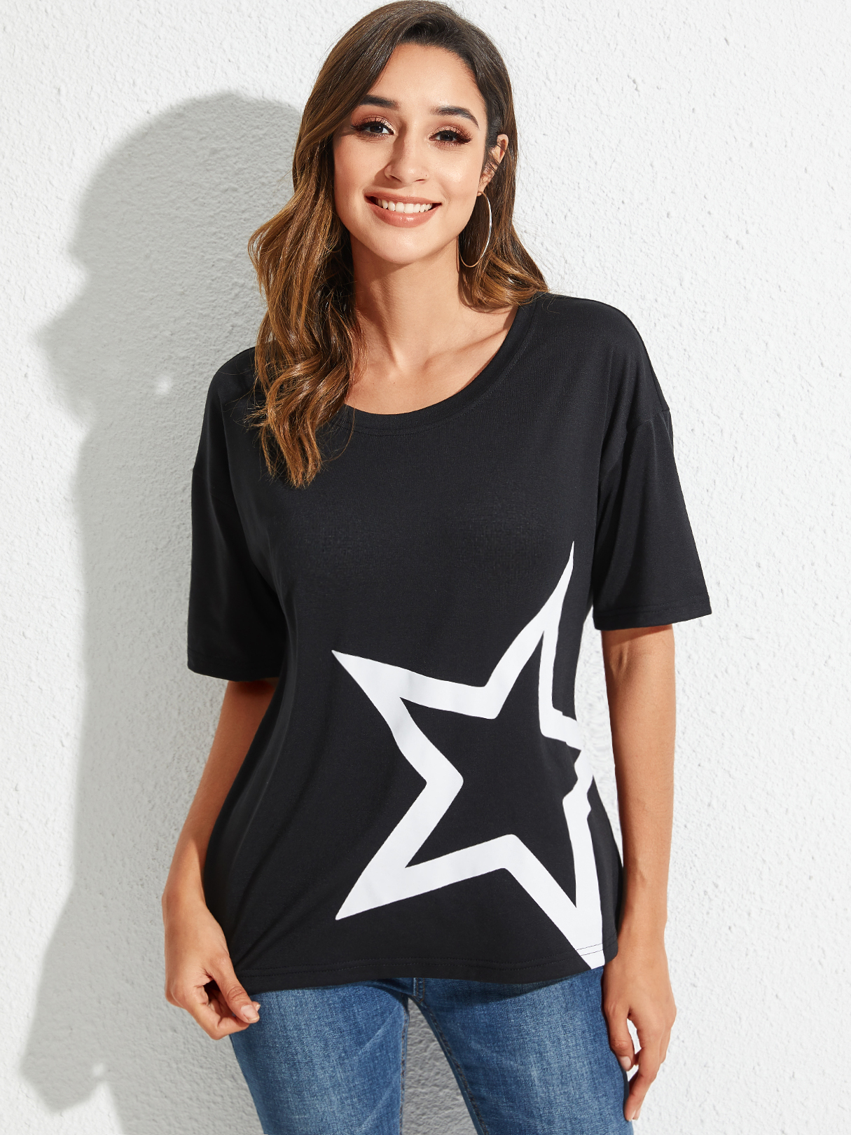 YOINS Black Graphic Round Neck Short Sleeves Tee