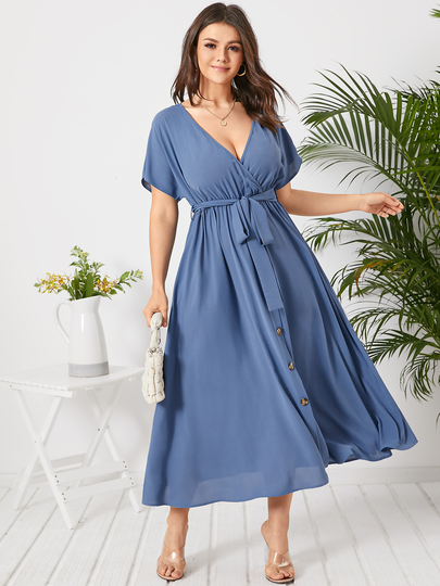 YOINS Plus Size V-neck Button Design Short Sleeves Dress