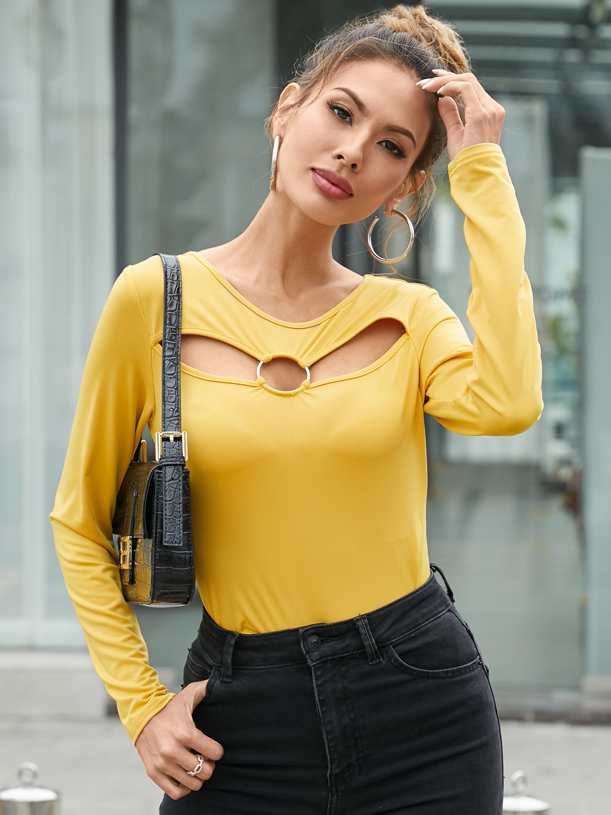 YOINS Cut Out Hoop Design Backless Design Round Neck Long Sleeves Tee