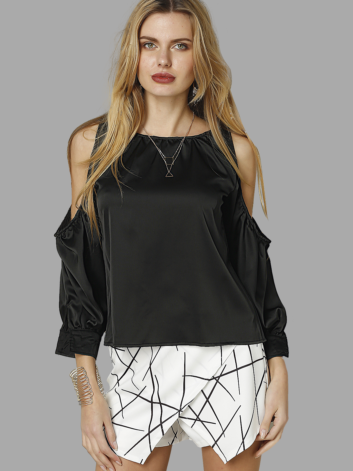 Black Round Neck Cold Shoulder Blouse