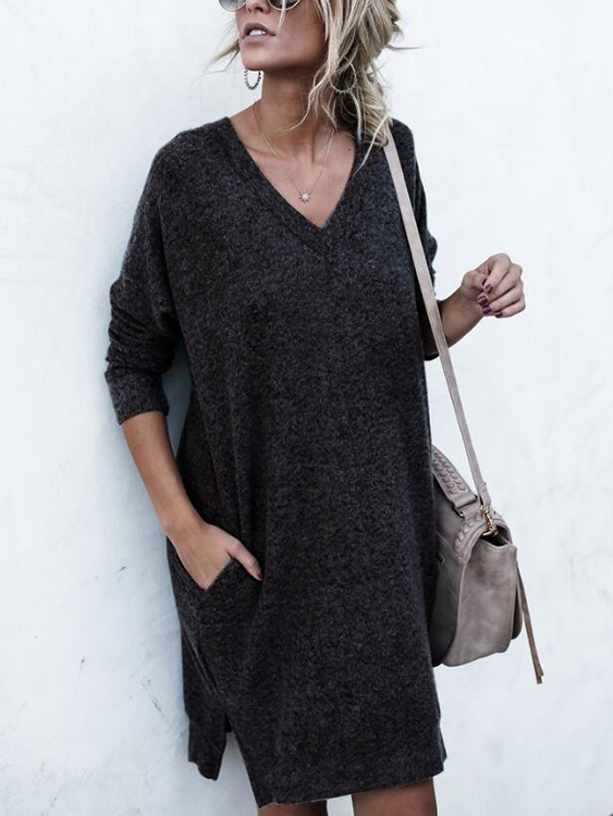 Side Pockets Slit hem V-neck Long Sleeves Dress