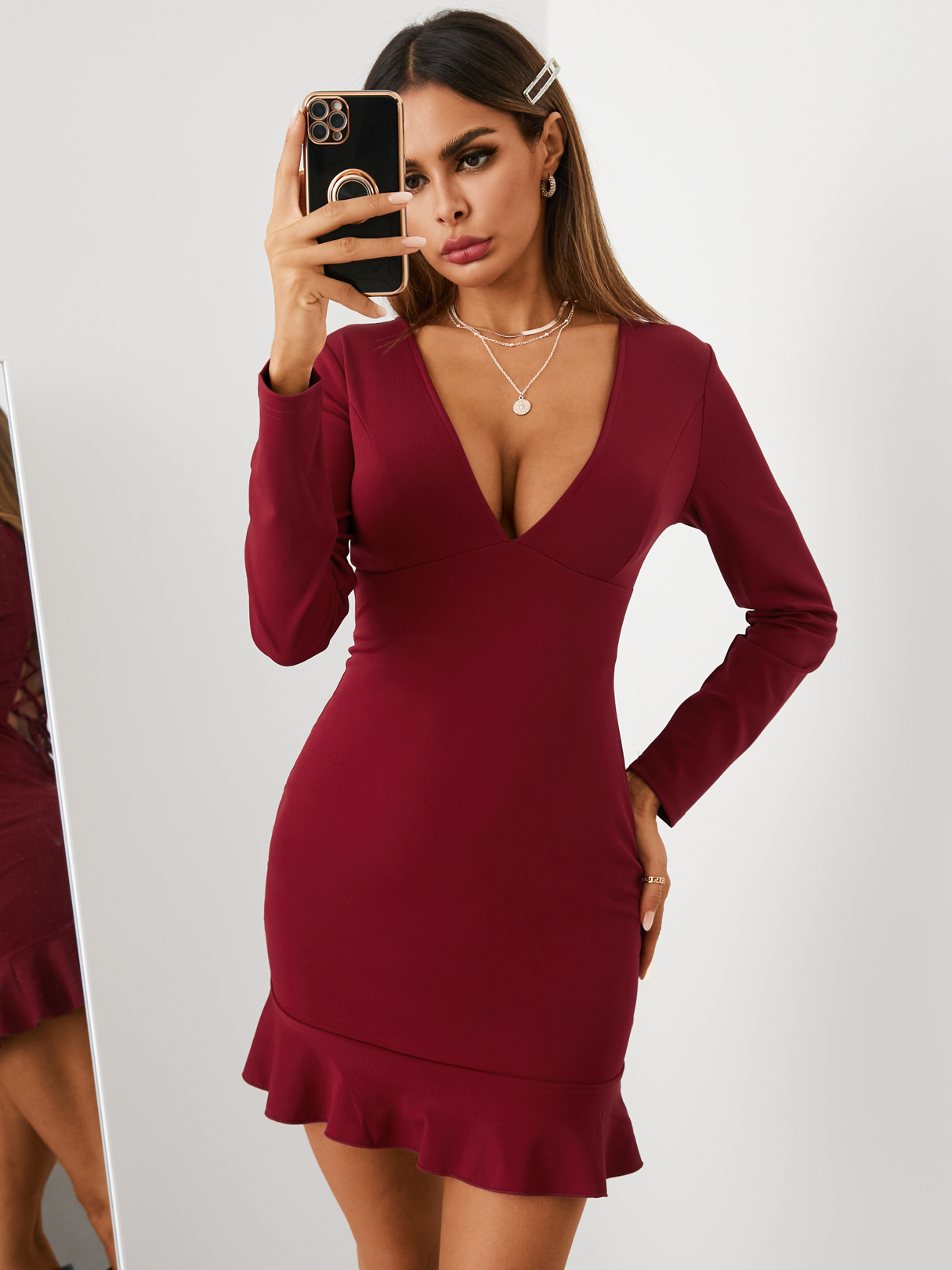 YOINS Deep v neck Lace-up design Long sleeves Mini Dress