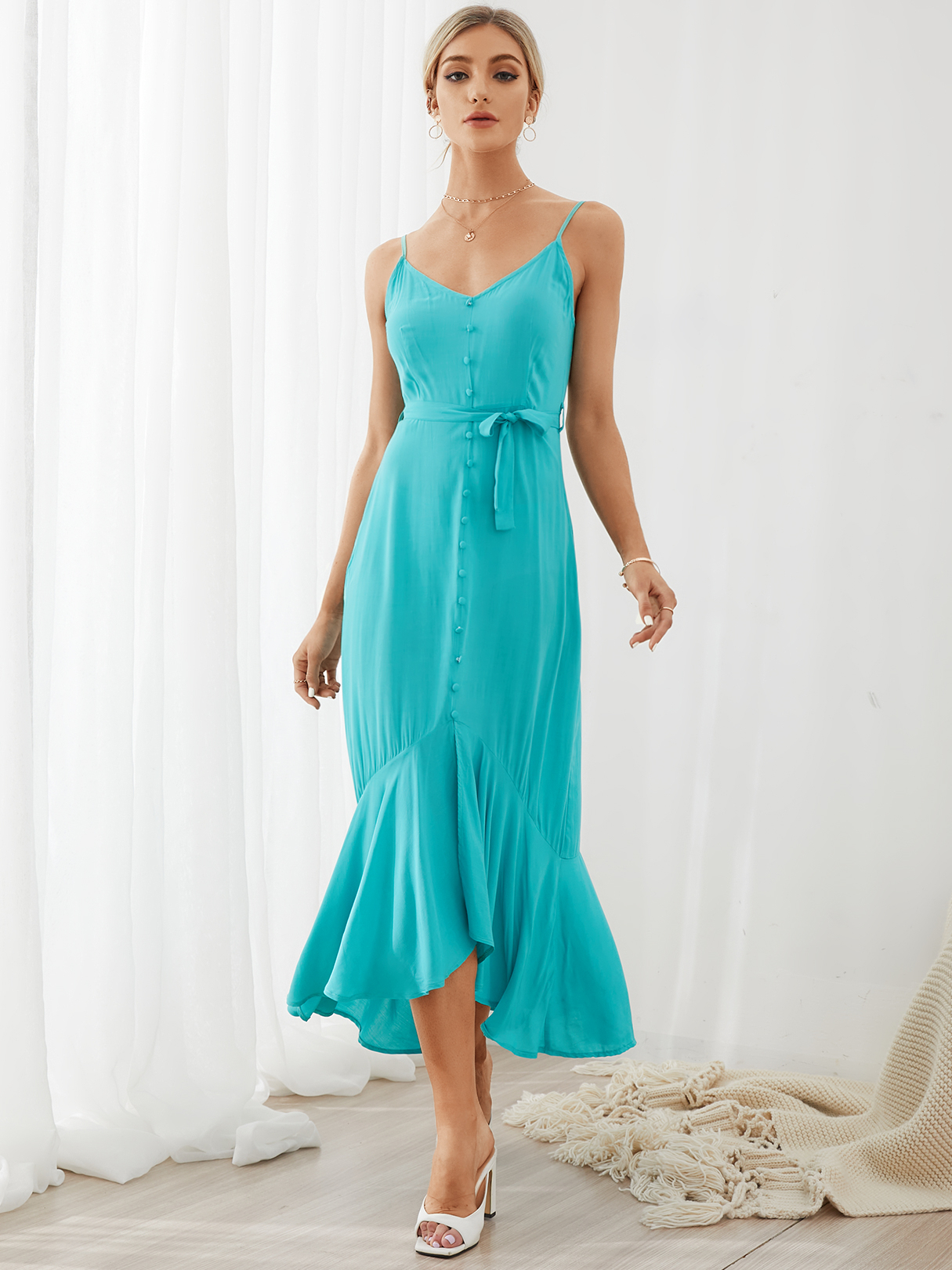 YOINS Belt design Button Front Sleeveless Maxi Dress