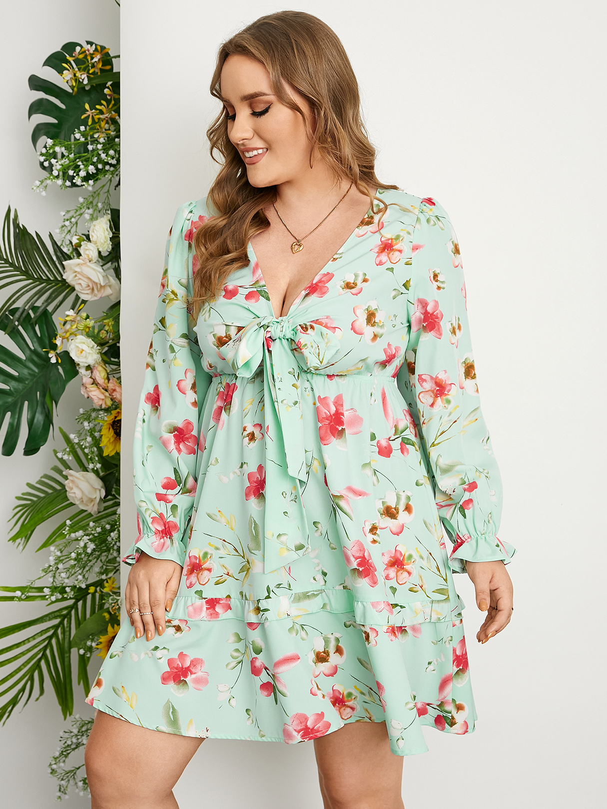 YOINS Plus Size Floral Print Lettuce-Edge Tie-up Design Long Sleeves Dress
