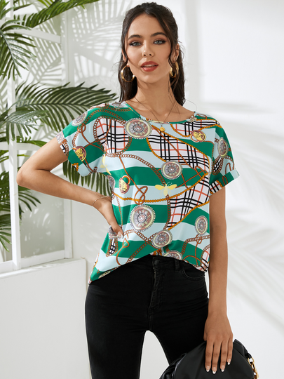 YOINS Scarf Print Round Neck Short Sleeves Blouse