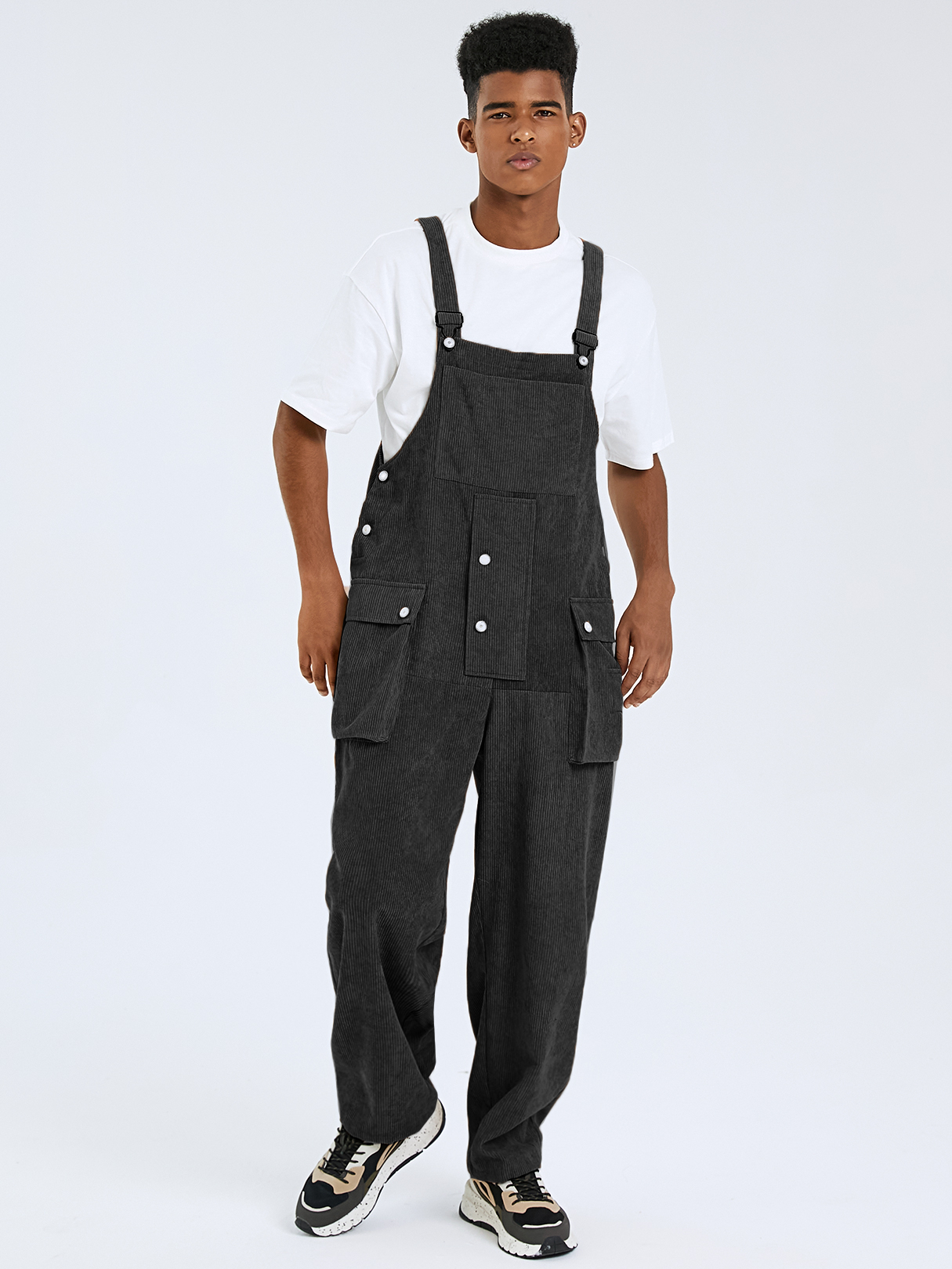 Men Retro Corduroy Button Design Sleeveless Suspenders Overalls Jumpsuit